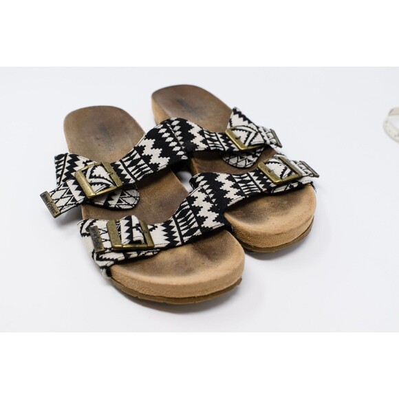 Minnetonka Double Strap Sandals Womens 8 Black White Buckle Slip On Slides aztec - Picture 2 of 7